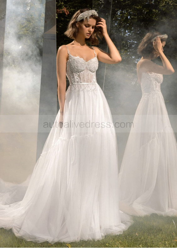 Beaded Ivory Lace Tulle Open Back Fairytale Wedding Dress Beaded Ivory Lace Tulle Open Back Fairytale Wedding Dress